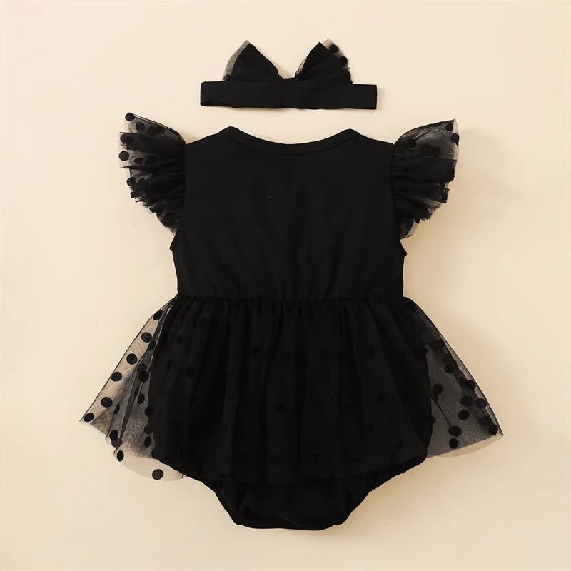 Black Polka Dot Romper Dress & Headband for Baby Girls, Black / 3-6 Mo