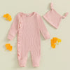 Solid Ribbed Ruffle Onesie & Knotted Hat