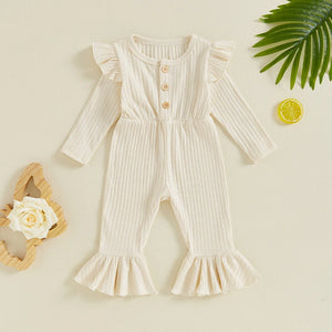 Solid Ribbed Ruffles Flare Leg Romper