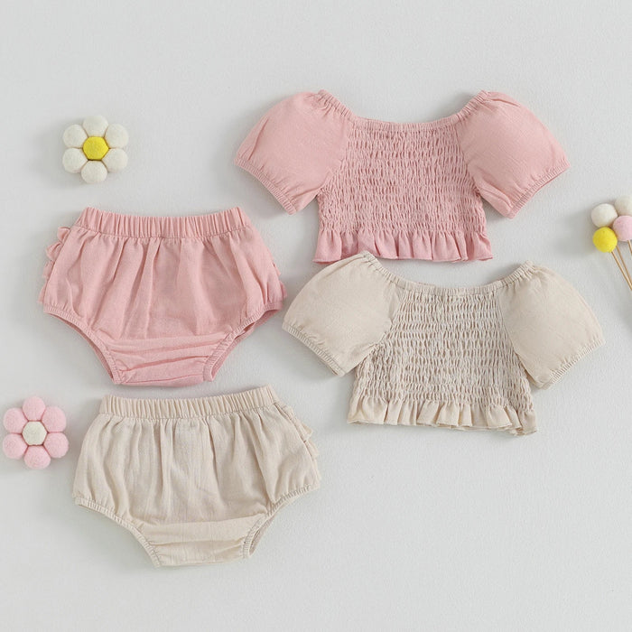 Solid Pleated Top & Ruffle Shorts