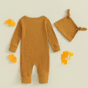 Solid Ribbed Ruffle Onesie & Knotted Hat