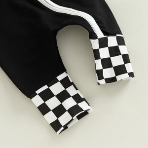 Checkered Patchwork Zipper Onesie