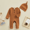 Solid Ribbed Button Onesie & Hat