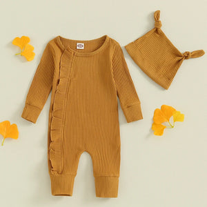 Solid Ribbed Ruffle Onesie & Knotted Hat