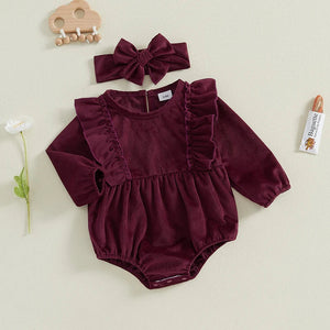 Solid Ribbed Velvet Onesie & Bow