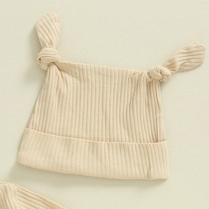 Solid Ribbed Ruffle Onesie & Knotted Hat