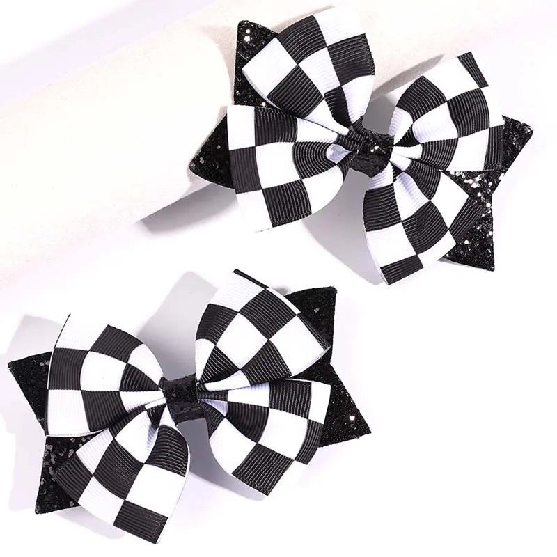 2 Pack Checkered Glitter Bow Clips