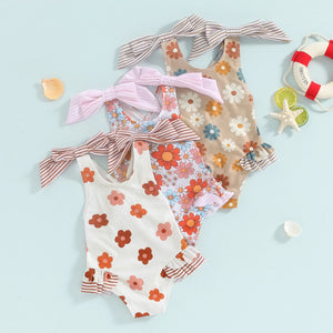 Striped Shoulder Bow Floral Swimsuit