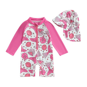 Summer Pink Long Sleeve Swimsuit & Hat