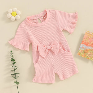 Flare Sleeve Ribbed Bow Romper