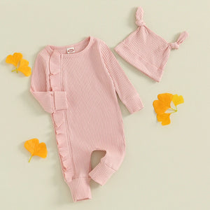 Solid Ribbed Ruffle Onesie & Knotted Hat