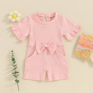 Flare Sleeve Ribbed Bow Romper