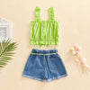 Ruffled Lime Top & Ripped Shorts
