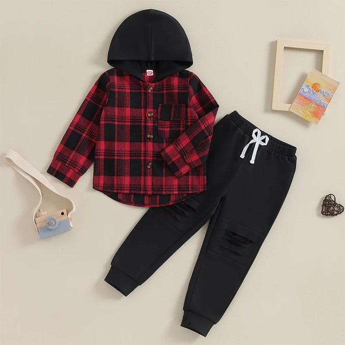 Plaid Hoodie Top & Ripped Pants Outfit
