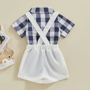 Spring Plaid Suspenders Bow Tie Outfit