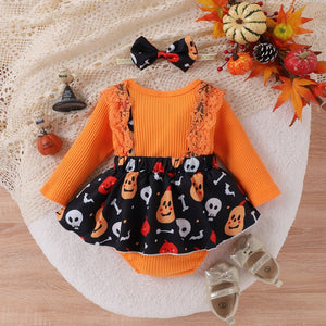 Pumpkin Bones Halloween Skirt Romper
