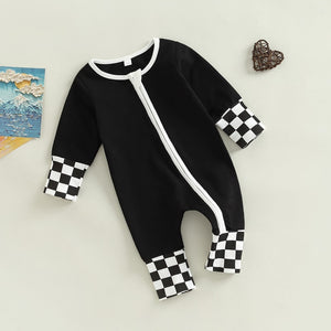 Checkered Patchwork Zipper Onesie