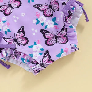 Floral Butterfly Long Sleeve Ruffle Swimsuit