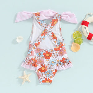 Striped Shoulder Bow Floral Swimsuit