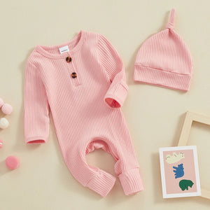 Solid Ribbed Button Onesie & Hat