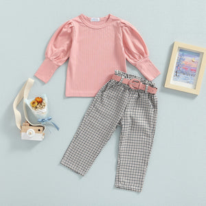 Pink Puff Sleeve Top & Plaid Belted Pants