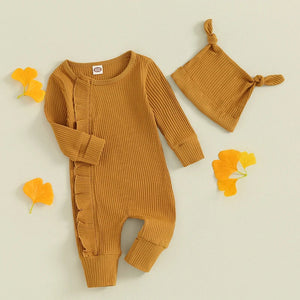 Solid Ribbed Ruffle Onesie & Knotted Hat