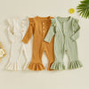 Solid Ribbed Ruffles Flare Leg Romper