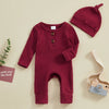 Solid Ribbed Button Onesie & Hat