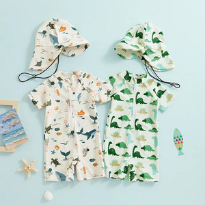 Short Sleeve Animal Life Swimsuit & Hat