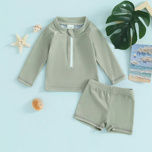 Solid Long Sleeve Swimsuit Top & Shorts Set