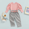 Pink Puff Sleeve Top & Plaid Belted Pants