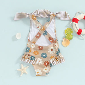 Striped Shoulder Bow Floral Swimsuit