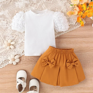 Ribbed Puff Sleeve Top & Bow Skirt