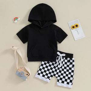 Hoodie T-shirt Checkered Shorts Set