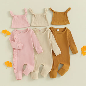 Solid Ribbed Ruffle Onesie & Knotted Hat