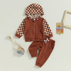 Brown Checkered Zip Up Hoodie & Pants
