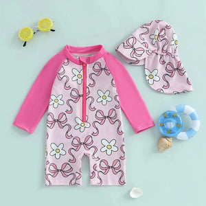 Summer Pink Long Sleeve Swimsuit & Hat