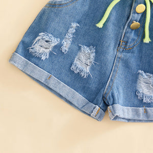 Ruffled Lime Top & Ripped Shorts