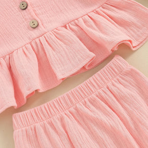 Solid Button Ruffle Top & Shorts