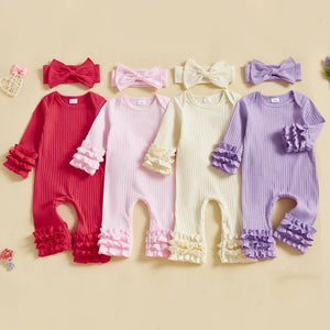 Solid Ribbed Ruffle Romper & Headband