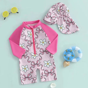 Summer Pink Long Sleeve Swimsuit & Hat