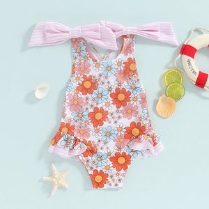 Striped Shoulder Bow Floral Swimsuit