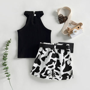 Ribbed Top & Cow Print Belted Shorts