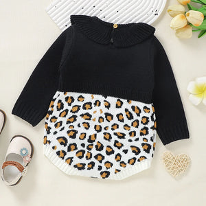 Knitted Leopard Print Collared Onesie