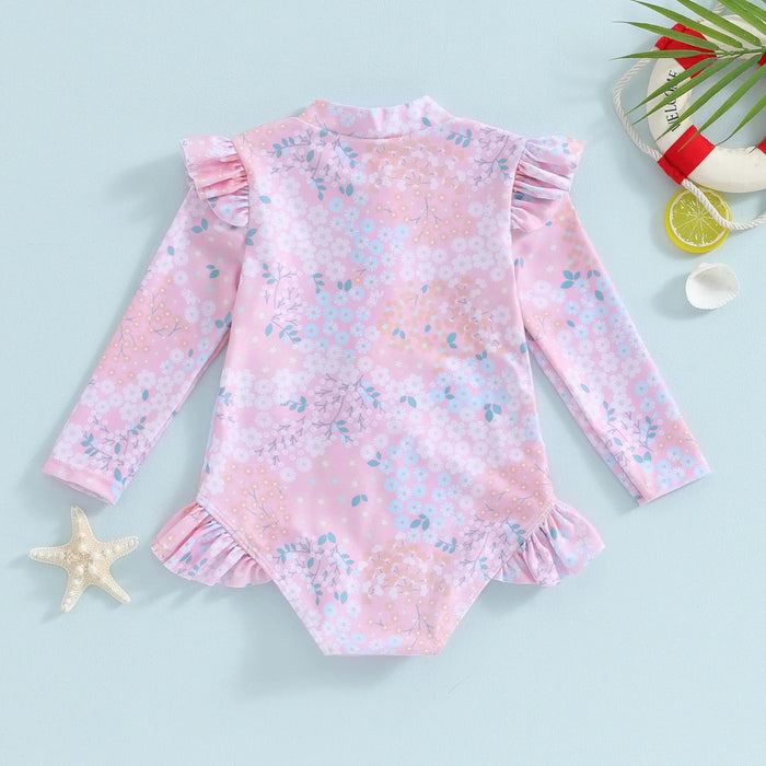Pink Floral Long Sleeve Swimsuit