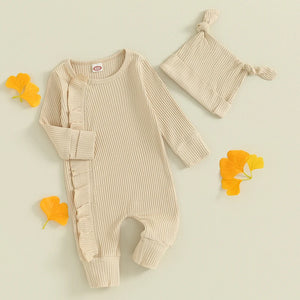 Solid Ribbed Ruffle Onesie & Knotted Hat