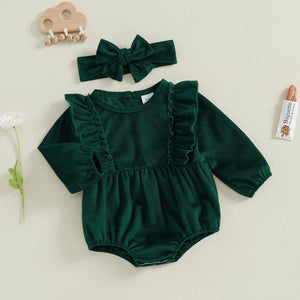 Solid Ribbed Velvet Onesie & Bow