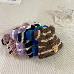 Striped Bear Ear Beanie Hat