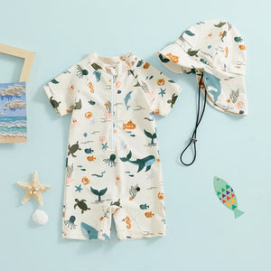 Short Sleeve Animal Life Swimsuit & Hat