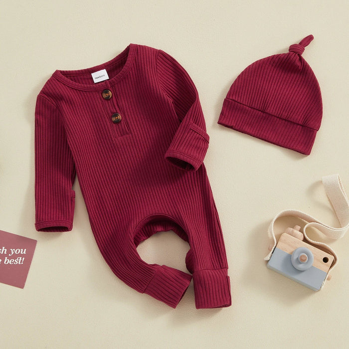 Solid Ribbed Button Onesie & Hat